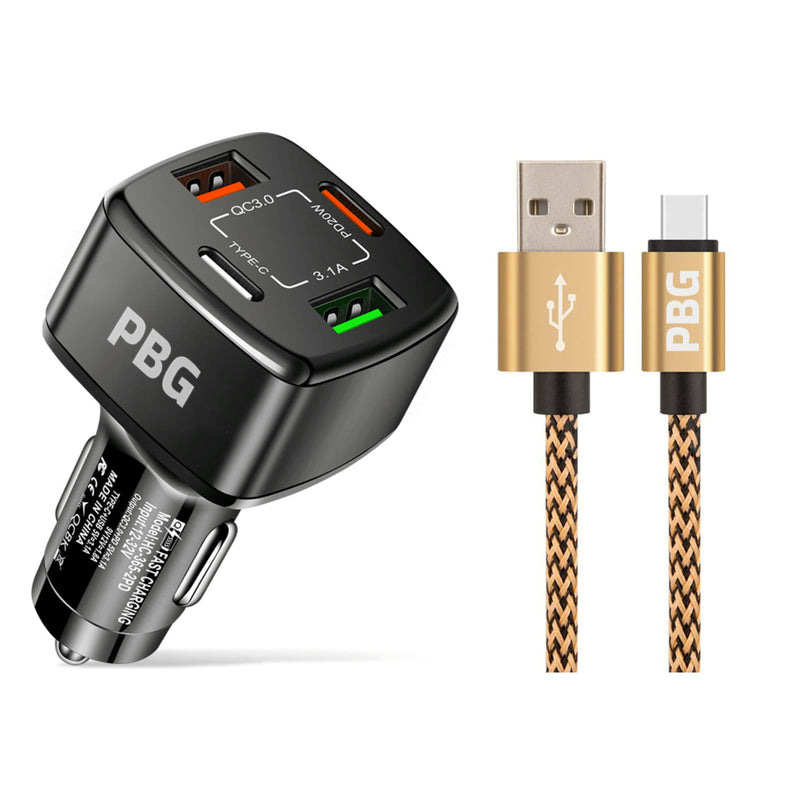 PBG 4-Port PD/USB Car Charger and 10FT Zebra Style Lightning Cable Bundle Automotive Gold - DailySale