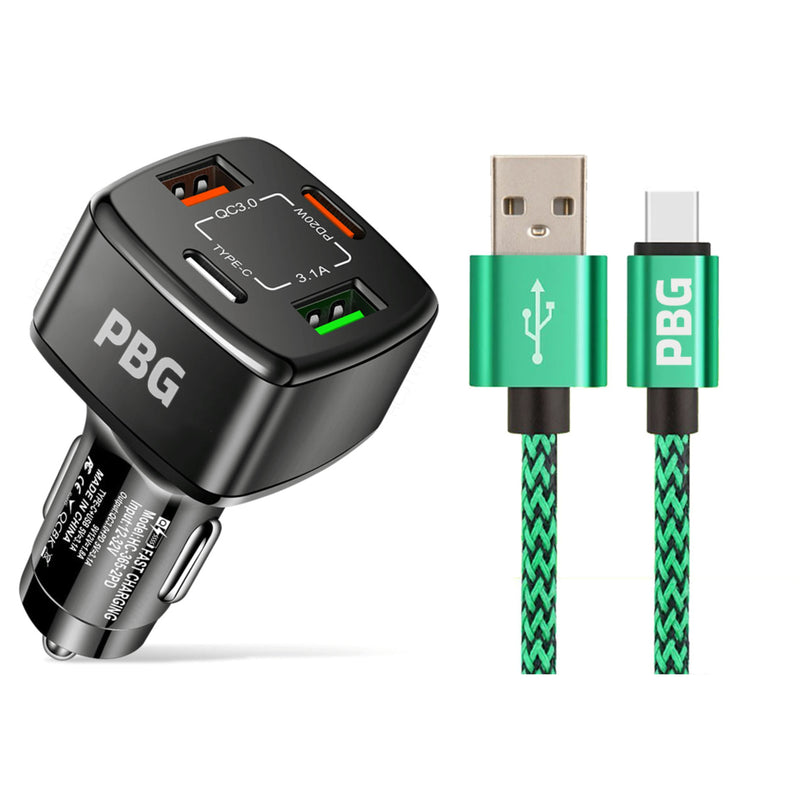 PBG 4-Port PD/USB Car Charger and 10FT Zebra Style Lightning Cable Bundle Automotive Green - DailySale