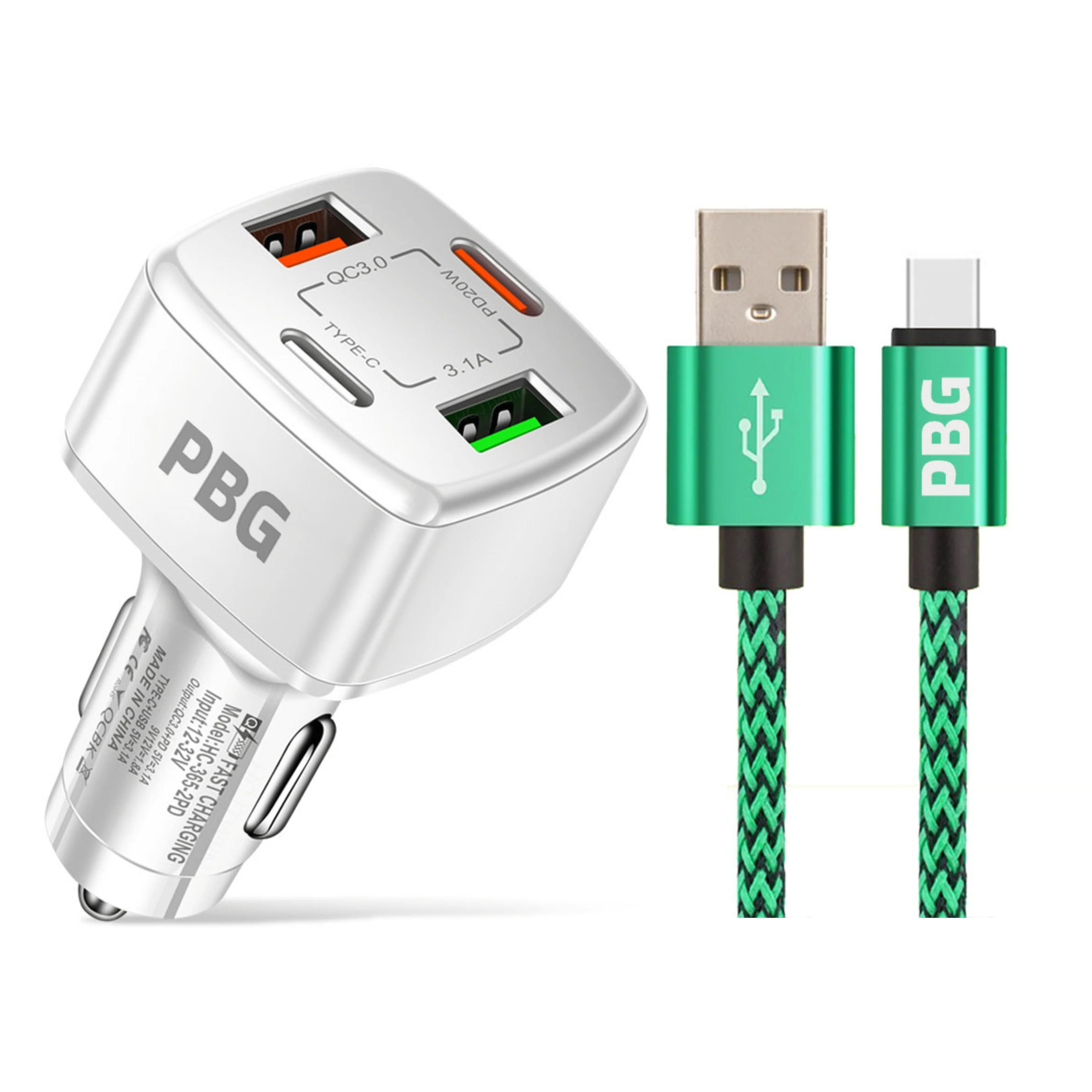 PBG 4 Port PD/USB Car Charger and 10Ft. Zebra Style Lightning Cable Bundle Automotive Green - DailySale