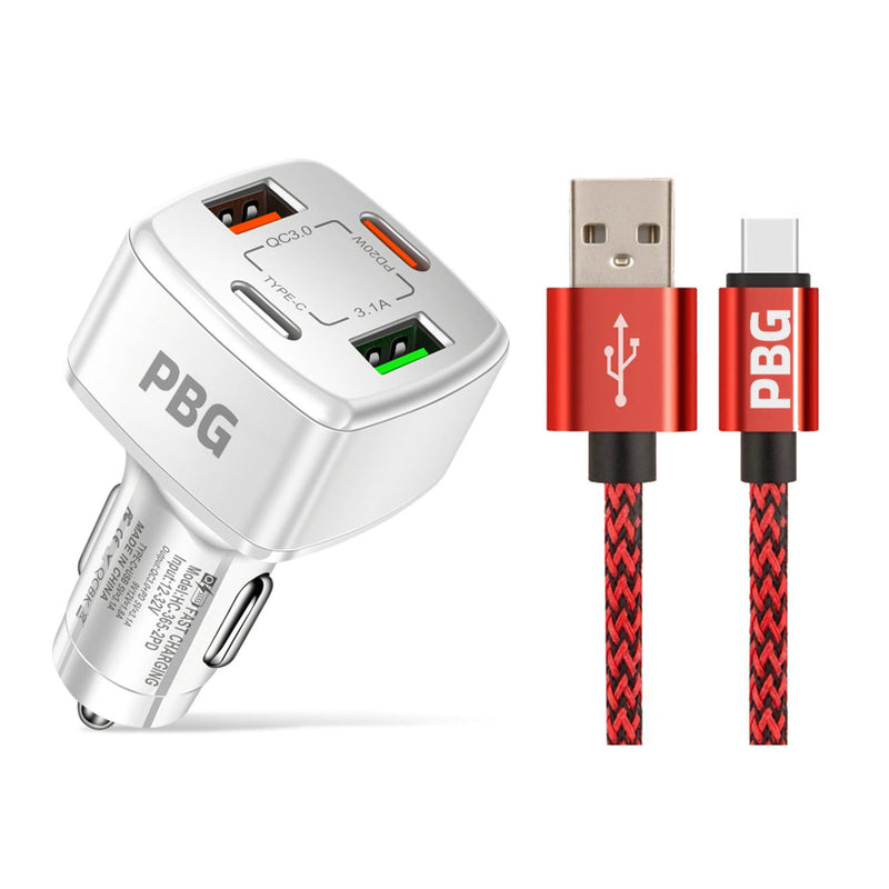 PBG 4 Port PD/USB Car Charger and 10Ft. Zebra Style Lightning Cable Bundle Automotive Red - DailySale