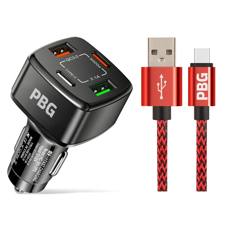 PBG 4-Port PD/USB Car Charger and 10FT Zebra Style Lightning Cable Bundle Automotive Red - DailySale