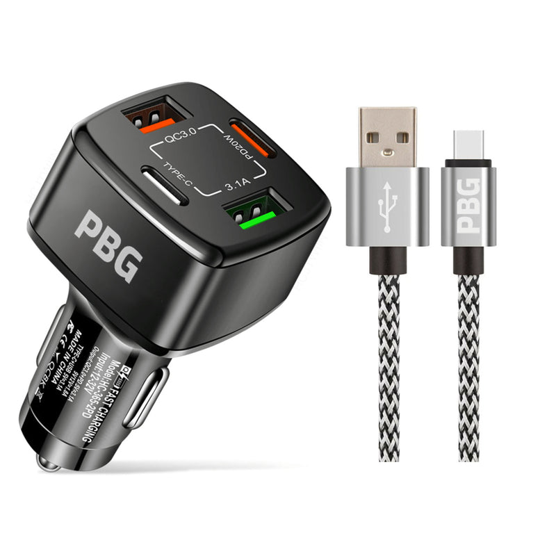 PBG 4-Port PD/USB Car Charger and 10FT Zebra Style Lightning Cable Bundle Automotive Silver - DailySale