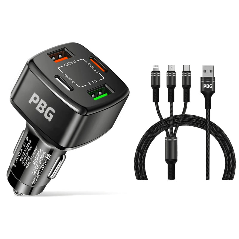 PBG Black 4 Port Car Charger and 4FT - 3 in 1 Nylon Cable Combo Automotive Black - DailySale