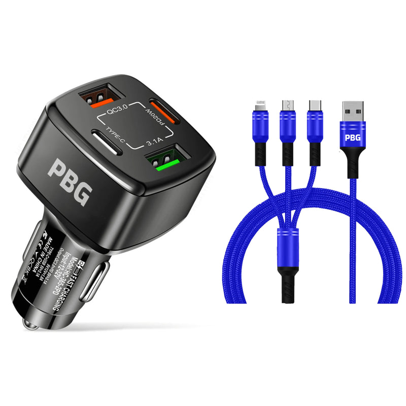 PBG Black 4 Port Car Charger and 4FT - 3 in 1 Nylon Cable Combo Automotive Blue - DailySale