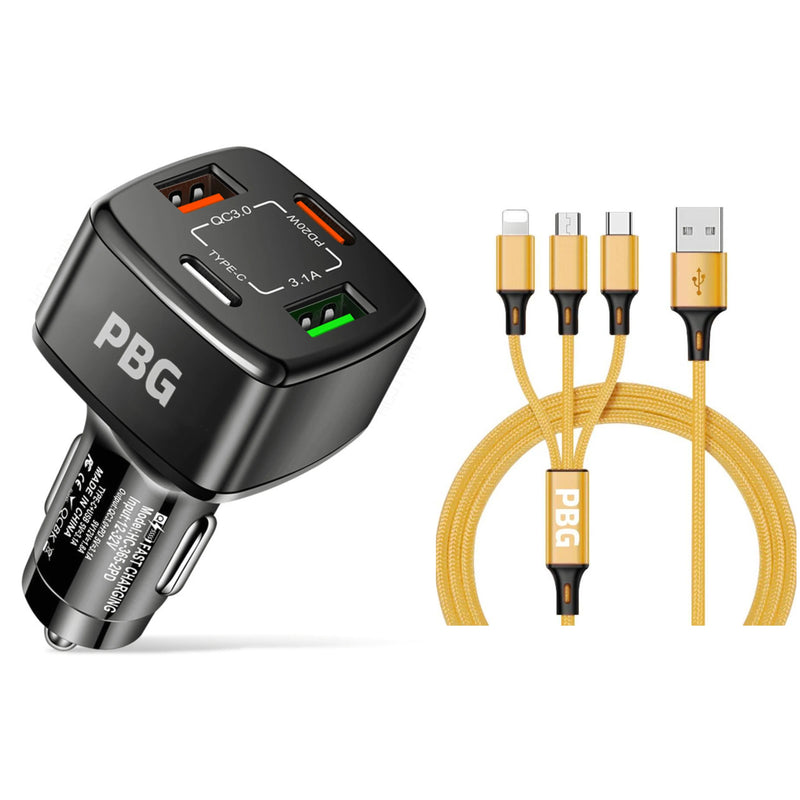 PBG Black 4 Port Car Charger and 4FT - 3 in 1 Nylon Cable Combo Automotive Gold - DailySale