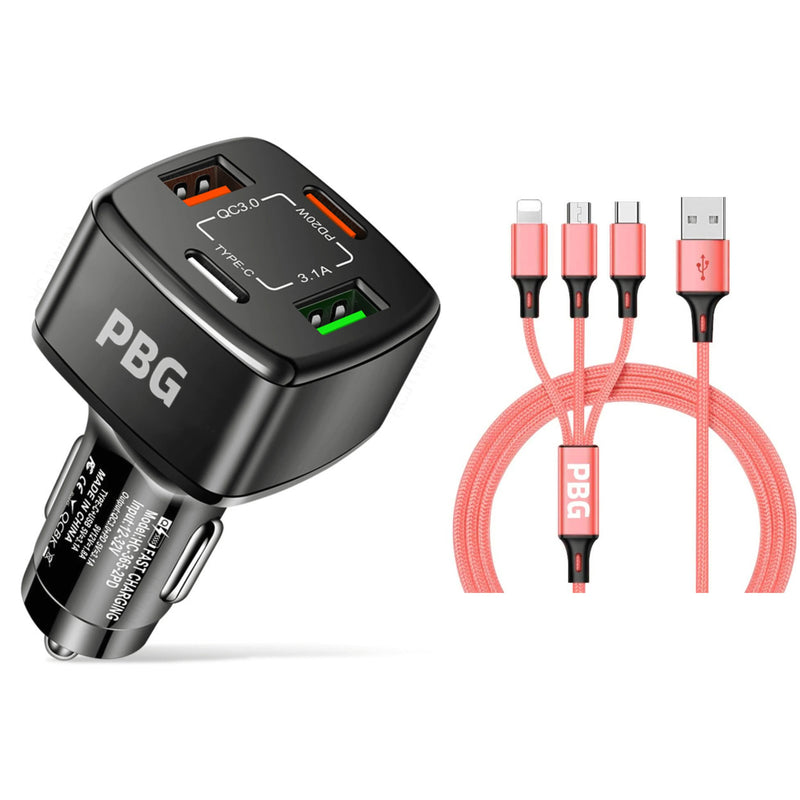 PBG Black 4 Port Car Charger and 4FT - 3 in 1 Nylon Cable Combo Automotive Pink - DailySale