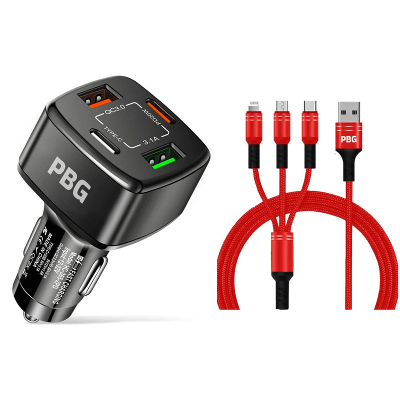 PBG Black 4 Port Car Charger and 4FT - 3 in 1 Nylon Cable Combo Automotive Red - DailySale