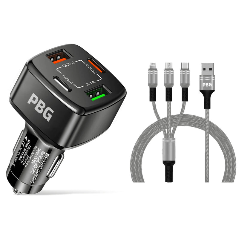 PBG Black 4 Port Car Charger and 4FT - 3 in 1 Nylon Cable Combo Automotive Silver - DailySale
