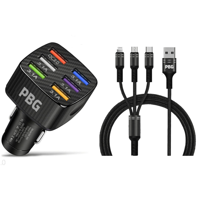 PBG Black LED 6 Port Car Charger and 4FT- 3 In 1 Cable Combo Automotive Black - DailySale