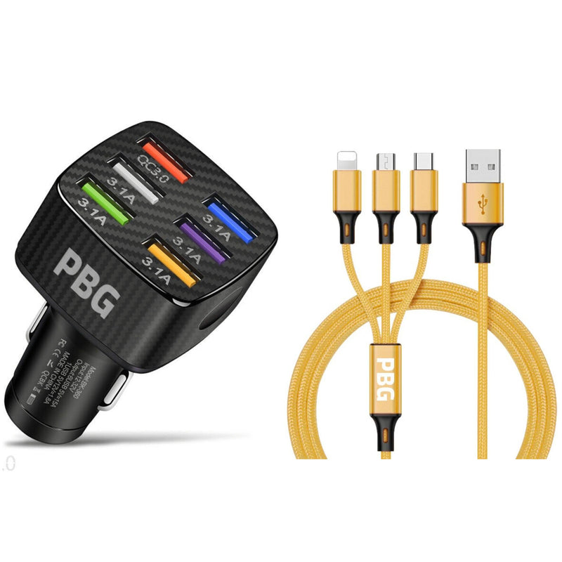 PBG Black LED 6 Port Car Charger and 4FT- 3 In 1 Cable Combo Automotive Gold - DailySale