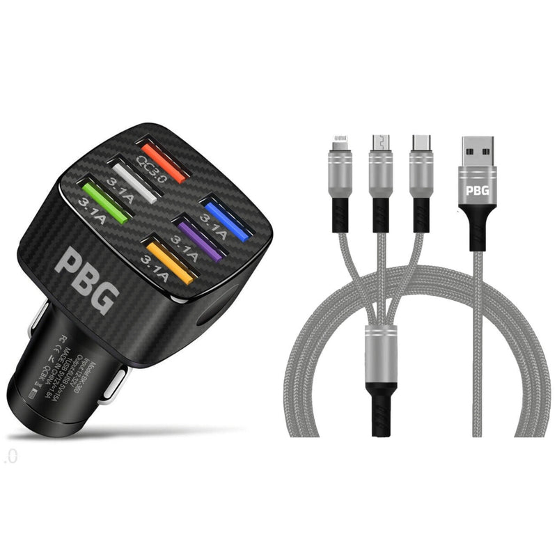 PBG Black LED 6 Port Car Charger and 4FT- 3 In 1 Cable Combo Automotive Gray - DailySale