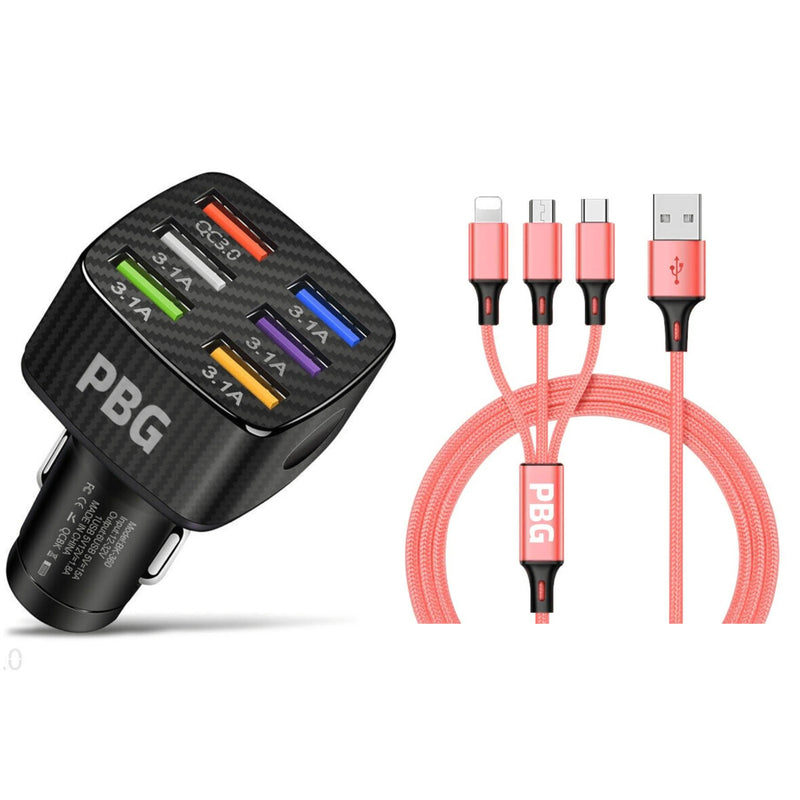 PBG Black LED 6 Port Car Charger and 4FT- 3 In 1 Cable Combo Automotive Pink - DailySale