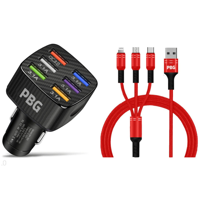 PBG Black LED 6 Port Car Charger and 4FT- 3 In 1 Cable Combo Automotive Red - DailySale
