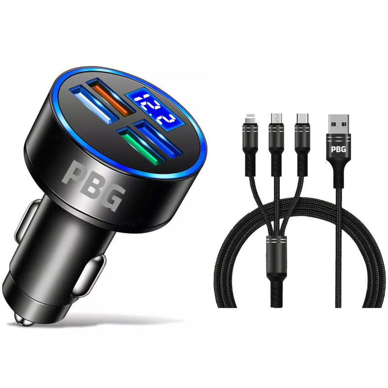 PBG LED 4 Port Car Charger Voltage Display and 3-in-1 Cable Bundle Automotive Black - DailySale