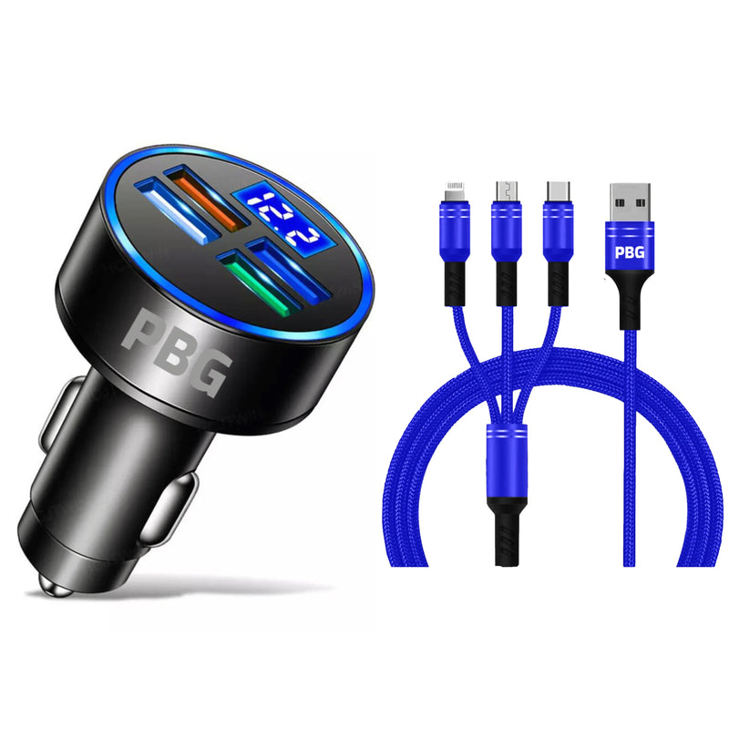 PBG LED 4 Port Car Charger Voltage Display and 3-in-1 Cable Bundle Automotive Blue - DailySale