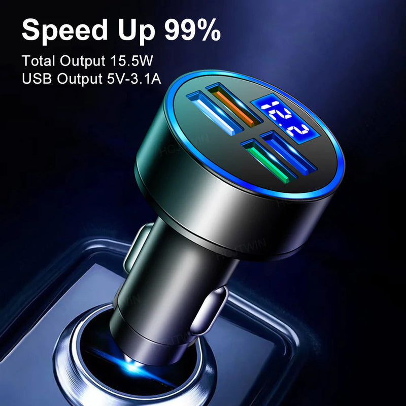 PBG LED 4 Port Car Charger Voltage Display and 3-in-1 Cable Bundle Automotive - DailySale