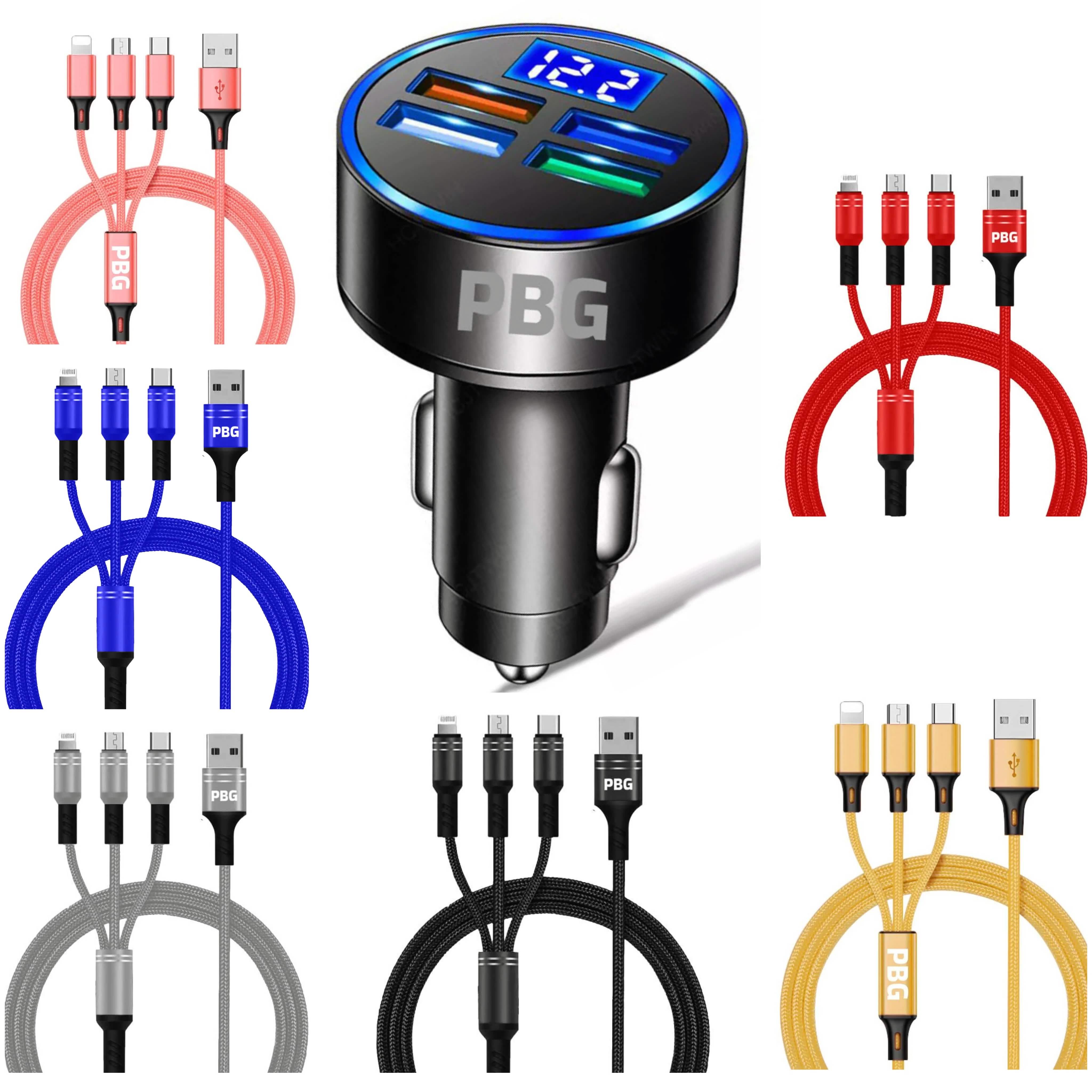 PBG LED 4 Port Car Charger Voltage Display and 3-in-1 Cable Bundle Automotive - DailySale