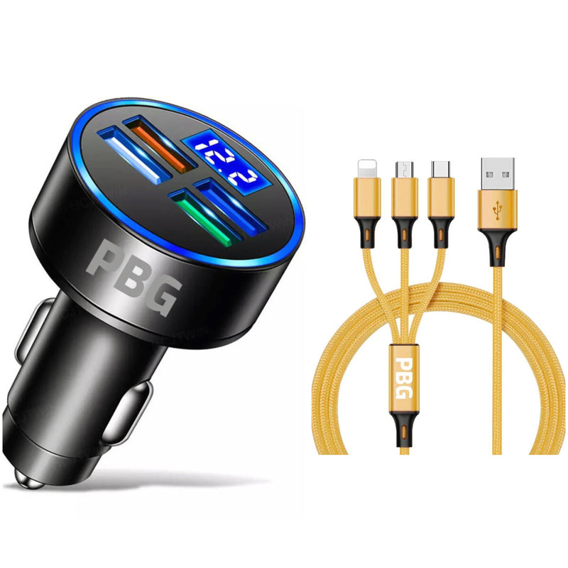PBG LED 4 Port Car Charger Voltage Display and 3-in-1 Cable Bundle Automotive Gold - DailySale