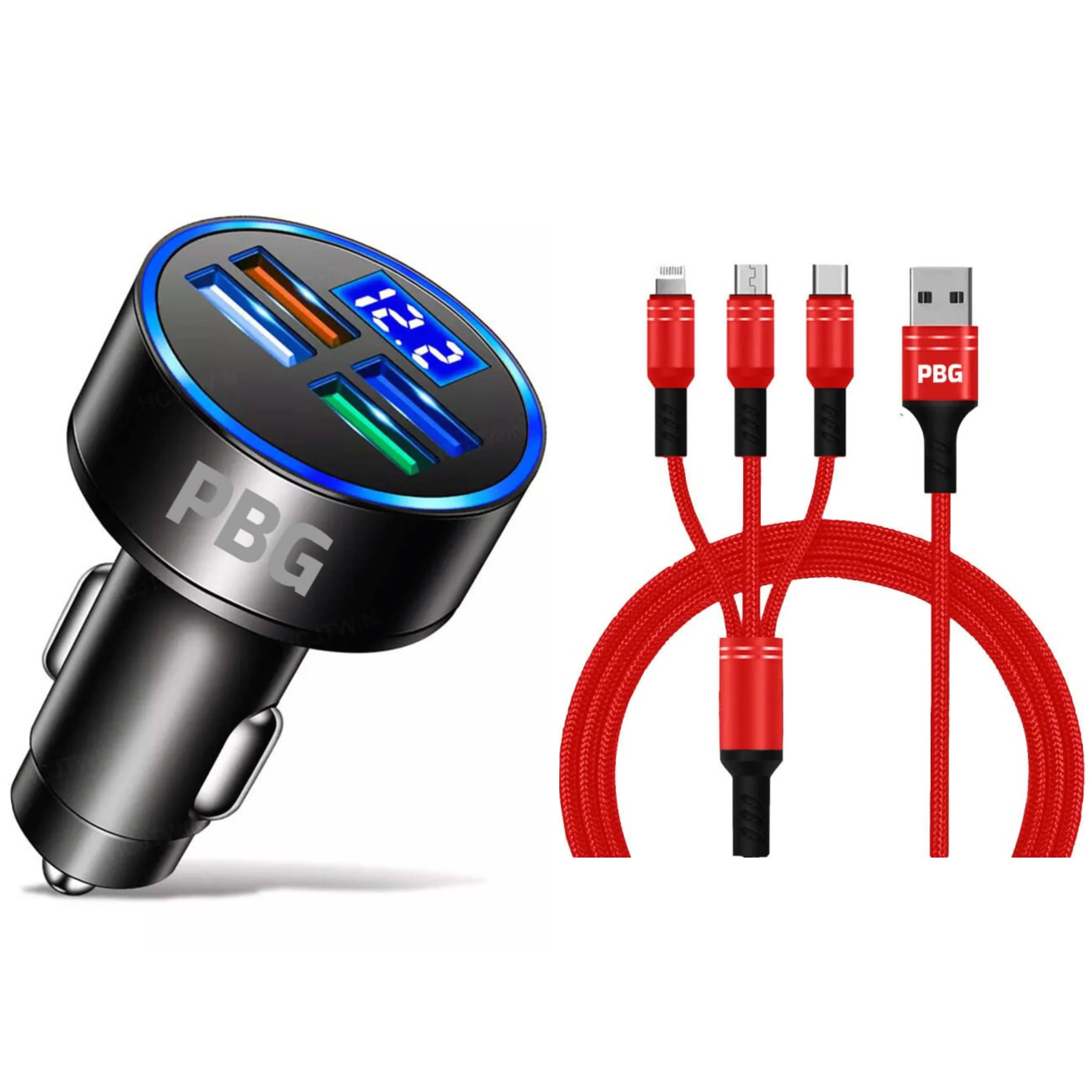 PBG LED 4 Port Car Charger Voltage Display and 3-in-1 Cable Bundle Automotive Red - DailySale