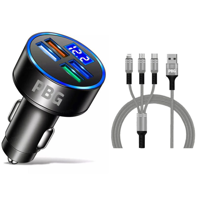PBG LED 4 Port Car Charger Voltage Display and 3-in-1 Cable Bundle Automotive Silver - DailySale