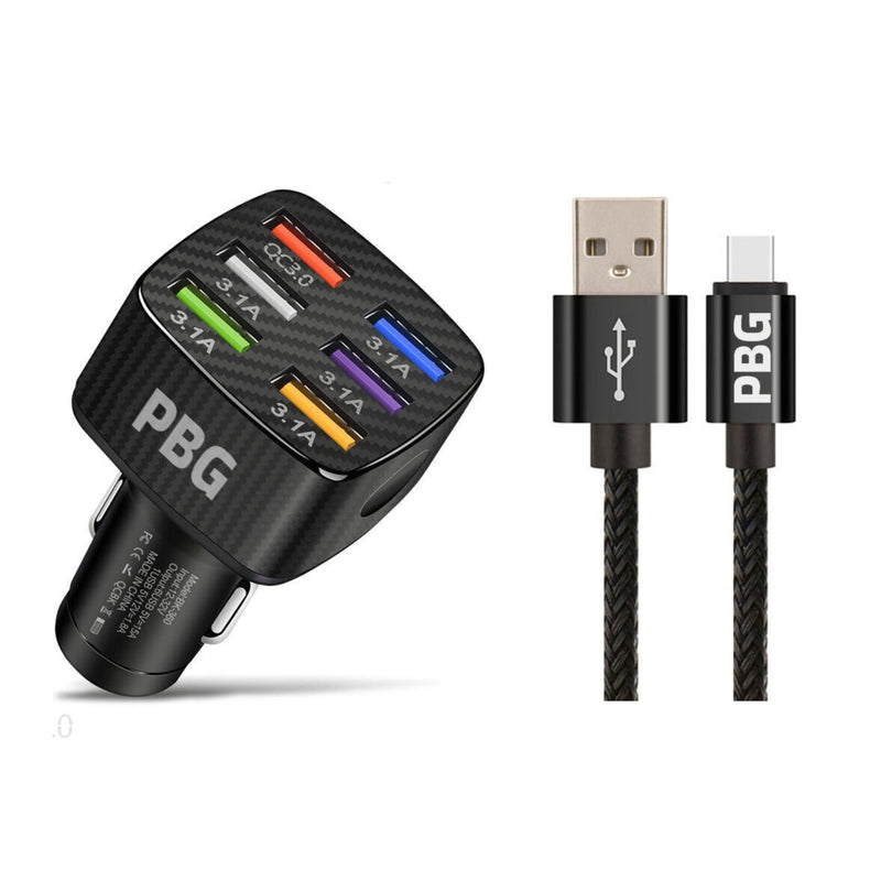PBG LED 6 Port Car Charger and 10Ft. XL Zebra Lightning Cable Combo Automotive Black - DailySale