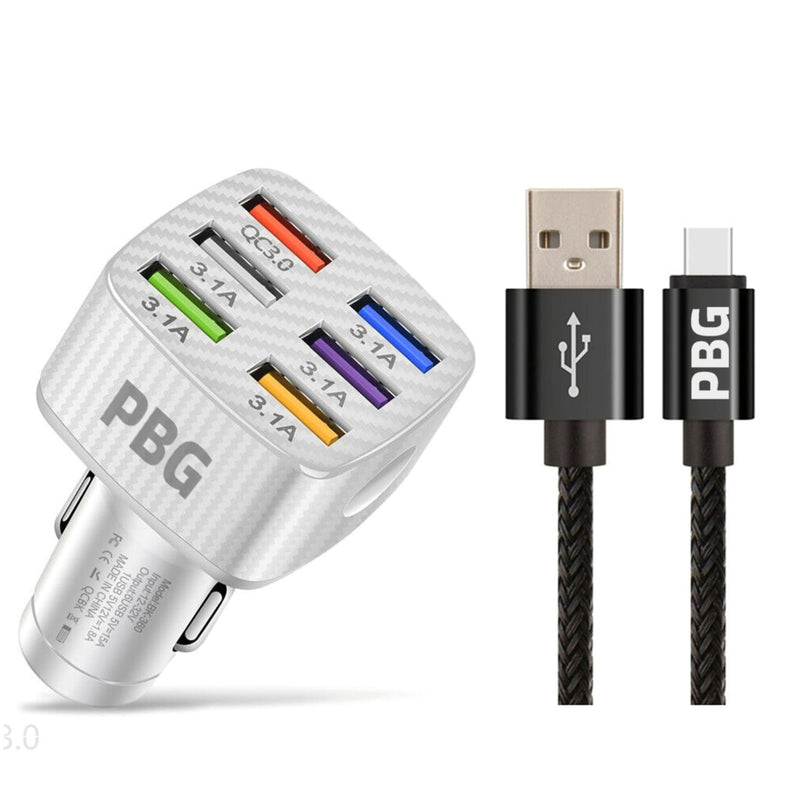 PBG LED 6-Port Car Charger and 10FT XL Zebra Lightning Cable Combo Automotive Black - DailySale
