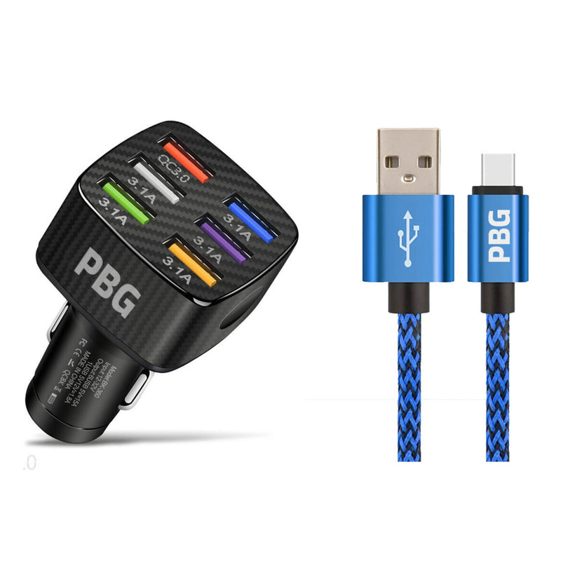 PBG LED 6 Port Car Charger and 10Ft. XL Zebra Lightning Cable Combo Automotive Blue - DailySale