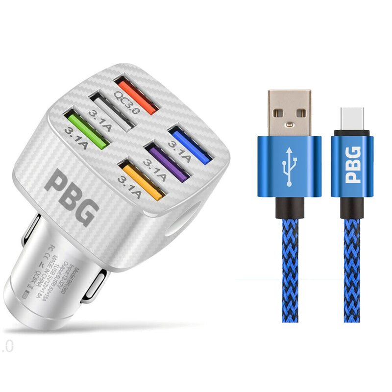 PBG LED 6-Port Car Charger and 10FT XL Zebra Lightning Cable Combo Automotive Blue - DailySale