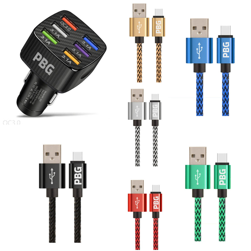 PBG LED 6 Port Car Charger and 10Ft. XL Zebra Lightning Cable Combo Automotive - DailySale