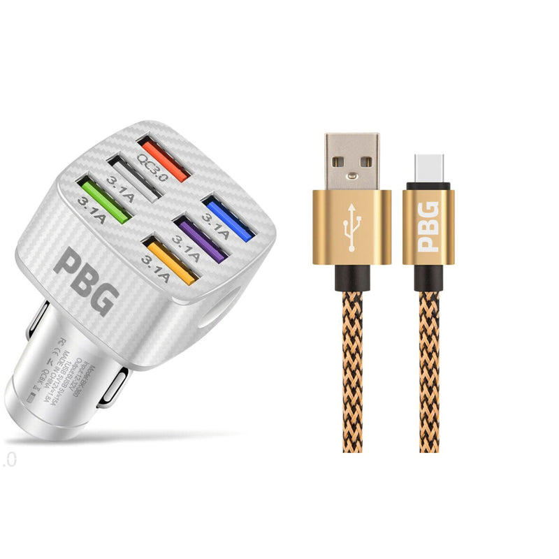PBG LED 6-Port Car Charger and 10FT XL Zebra Lightning Cable Combo Automotive Gold - DailySale
