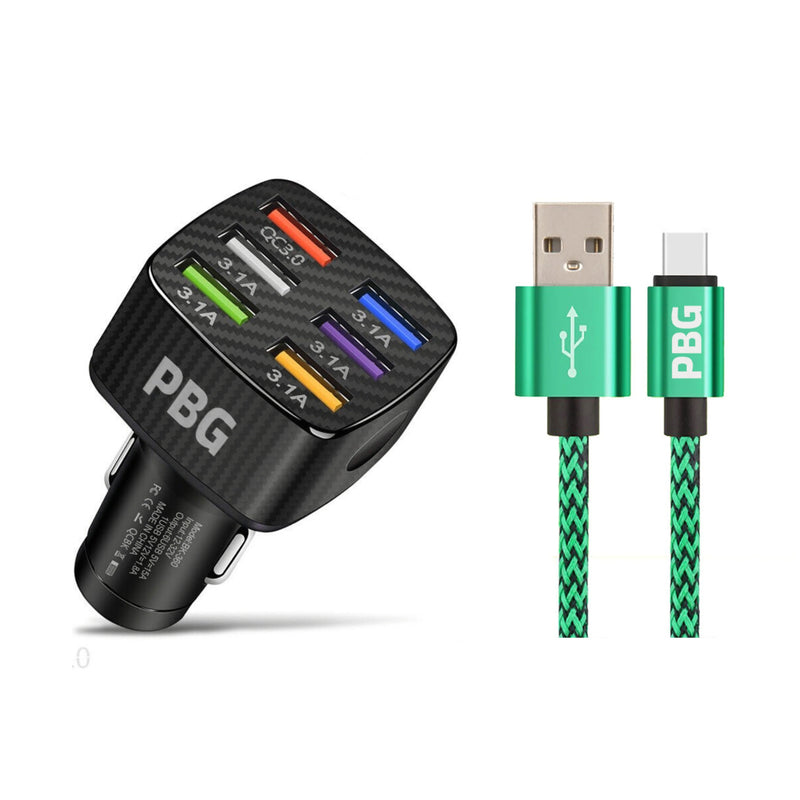 PBG LED 6 Port Car Charger and 10Ft. XL Zebra Lightning Cable Combo Automotive Green - DailySale