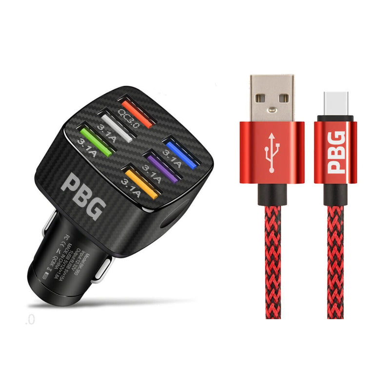 PBG LED 6 Port Car Charger and 10Ft. XL Zebra Lightning Cable Combo Automotive Red - DailySale