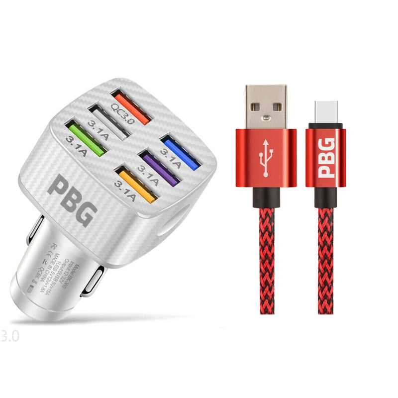 PBG LED 6-Port Car Charger and 10FT XL Zebra Lightning Cable Combo Automotive Red - DailySale