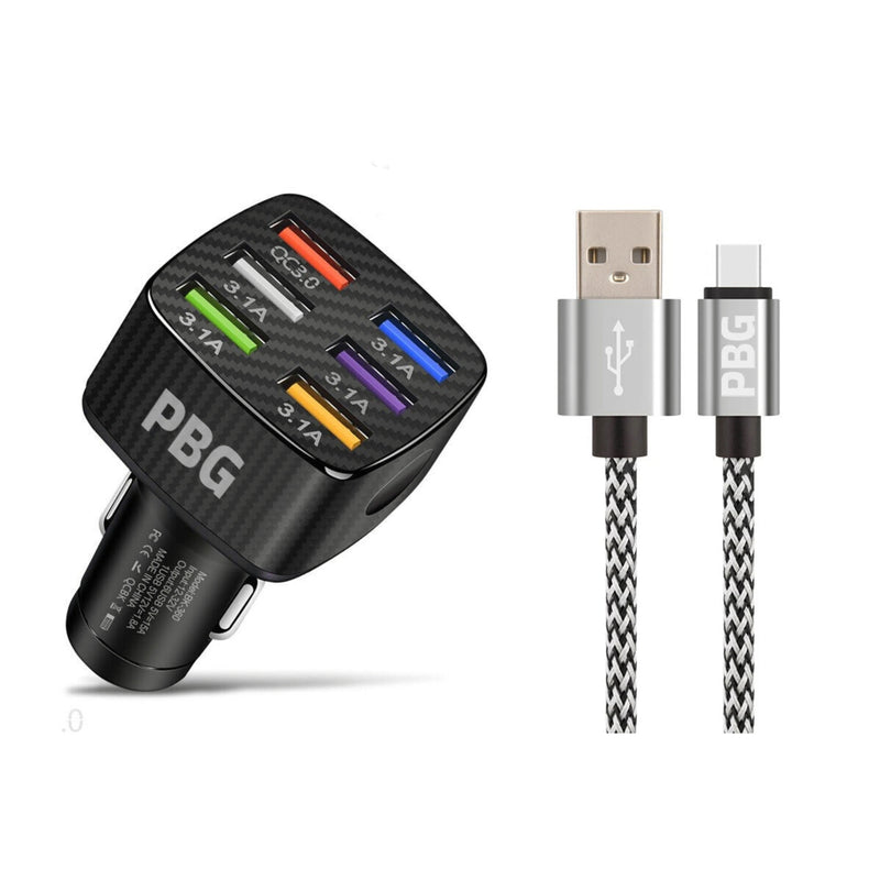 PBG LED 6 Port Car Charger and 10Ft. XL Zebra Lightning Cable Combo Automotive Silver - DailySale