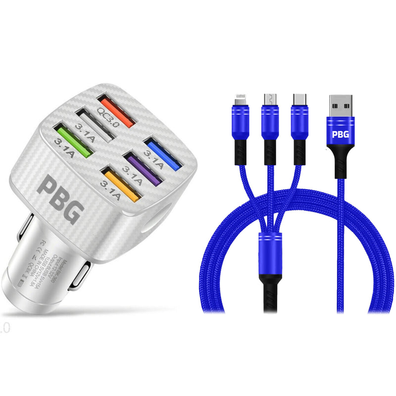 PBG LED 6 Port Car Charger and 4Ft. 3-in-1 Cable Combo Automotive Blue - DailySale