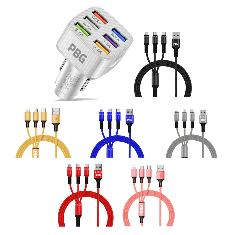 PBG LED 6 Port Car Charger and 4Ft. 3-in-1 Cable Combo Automotive - DailySale