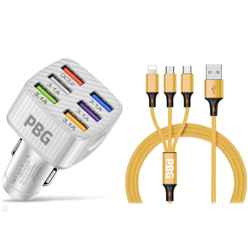 PBG LED 6 Port Car Charger and 4Ft. 3-in-1 Cable Combo Automotive Gold - DailySale