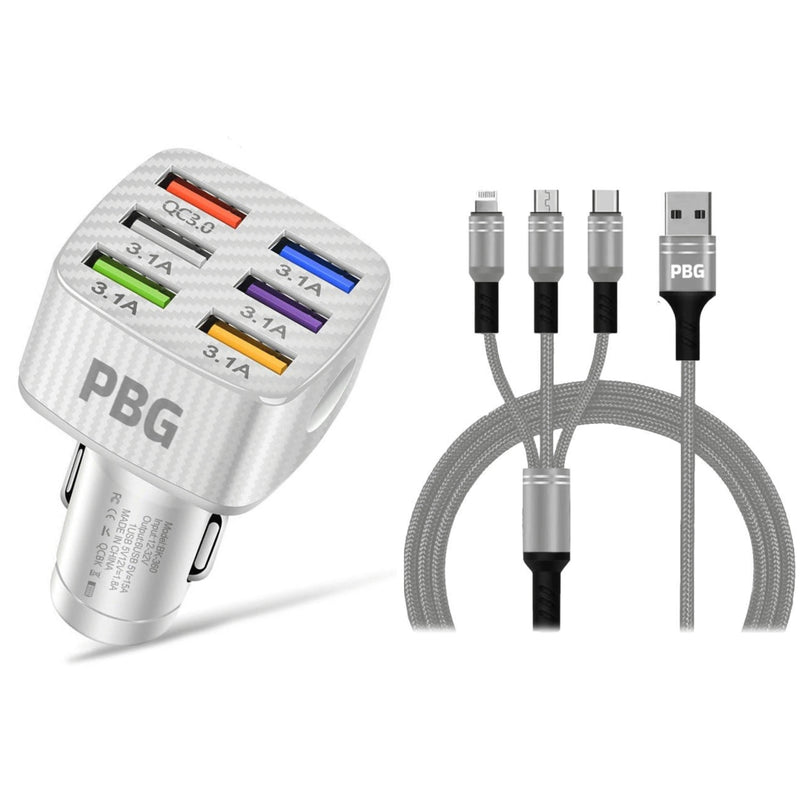 PBG LED 6 Port Car Charger and 4Ft. 3-in-1 Cable Combo Automotive Gray - DailySale