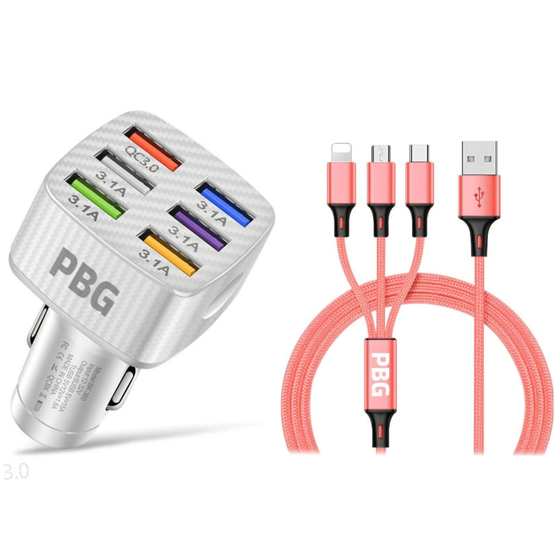 PBG LED 6 Port Car Charger and 4Ft. 3-in-1 Cable Combo Automotive Pink - DailySale