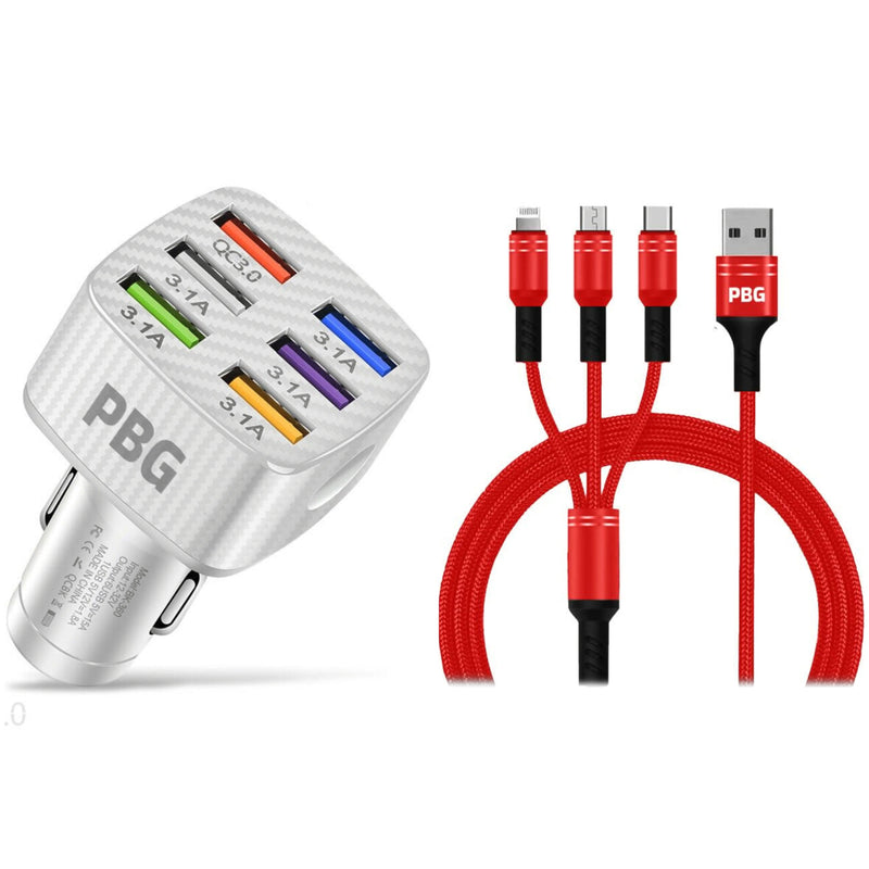 PBG LED 6 Port Car Charger and 4Ft. 3-in-1 Cable Combo Automotive Red - DailySale