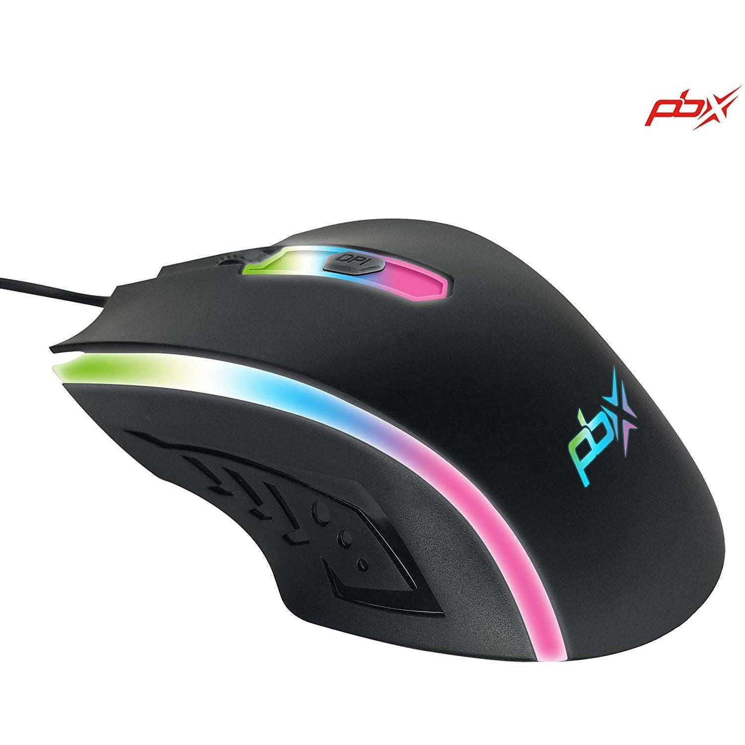 Angled side view of PBX Soldier Wired Gaming Mouse with 4 Optimized Buttons, 3 Levels of DPI