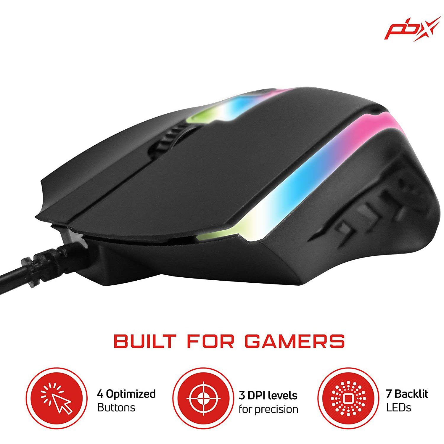 3/4 view of PBX Soldier Wired Gaming Mouse with three messages below: 4 optimized buttons, 3 DPI levels for precision, and 7 backlit LEDs