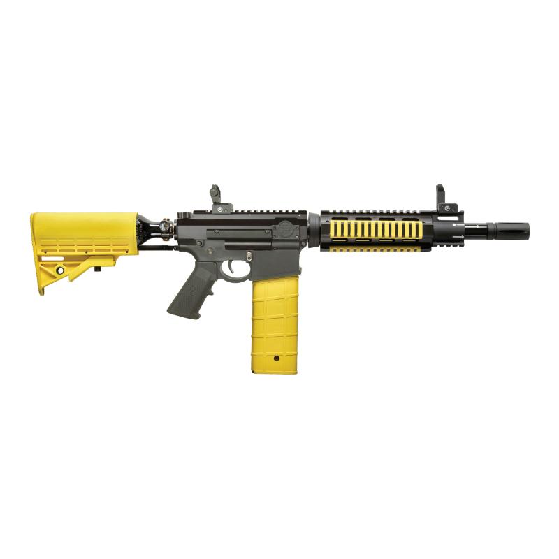 Side view of yellow Pepperball VKS Launcher over a white background