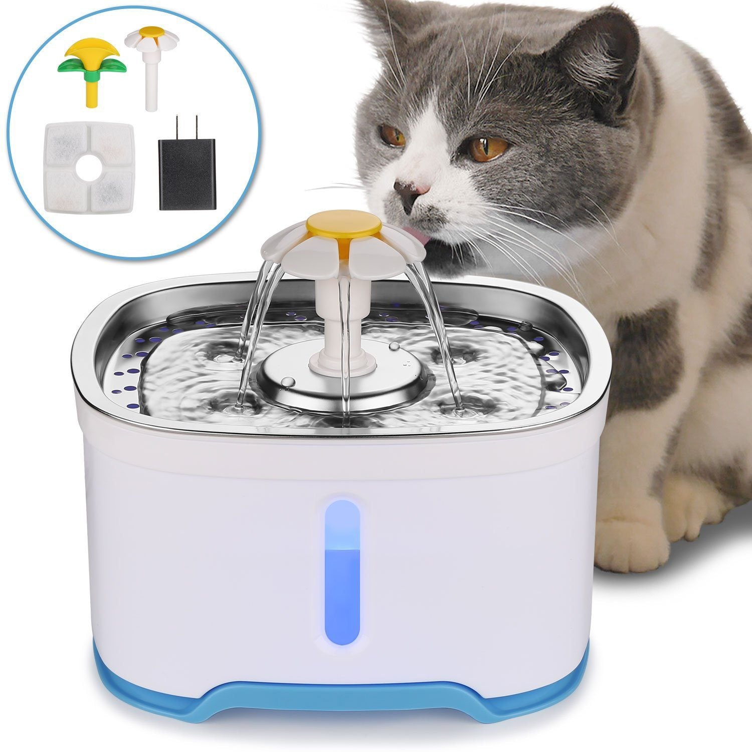 Pet Water Dispenser Fountain Cat Dog LED Light Drinking 2 Spray Heads Pet Supplies - DailySale