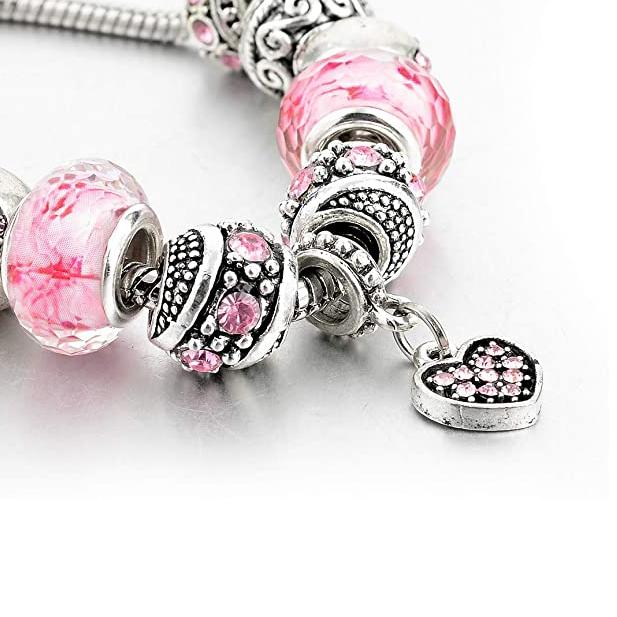 Pink Crystal Love Heart Bead Glass Charm Bracelet with Extender Bracelets - DailySale
