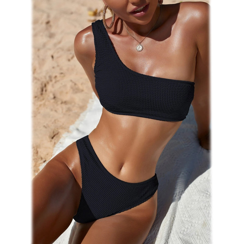 Plain One Shoulder Bikini Swimsuit Women's Lingerie Black S - DailySale