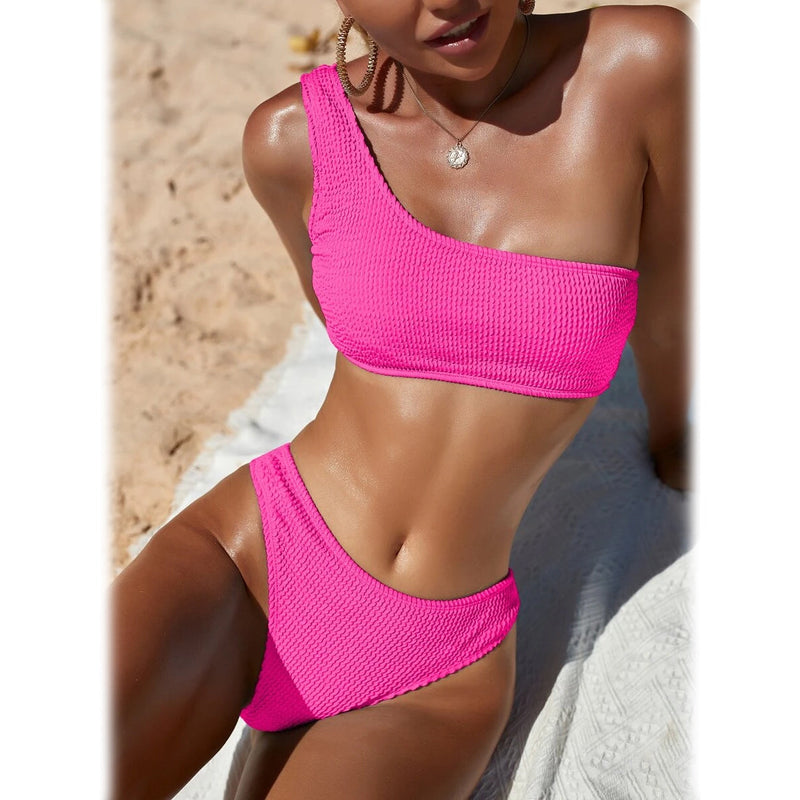 Plain One Shoulder Bikini Swimsuit Women's Lingerie Hot Pink S - DailySale