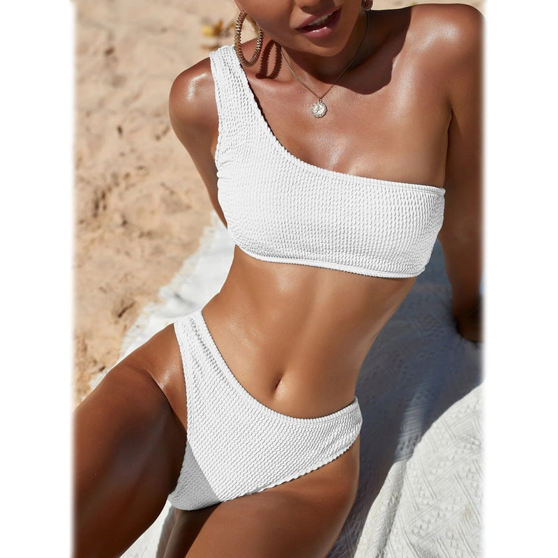 Plain One Shoulder Bikini Swimsuit Women's Lingerie White S - DailySale