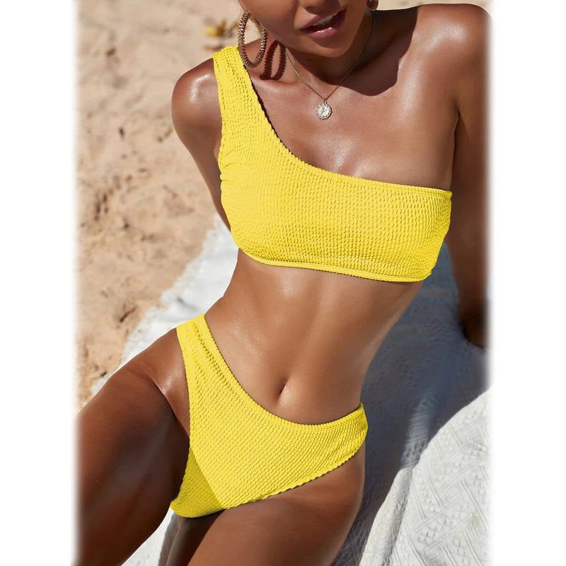 Plain One Shoulder Bikini Swimsuit Women's Lingerie Yellow S - DailySale
