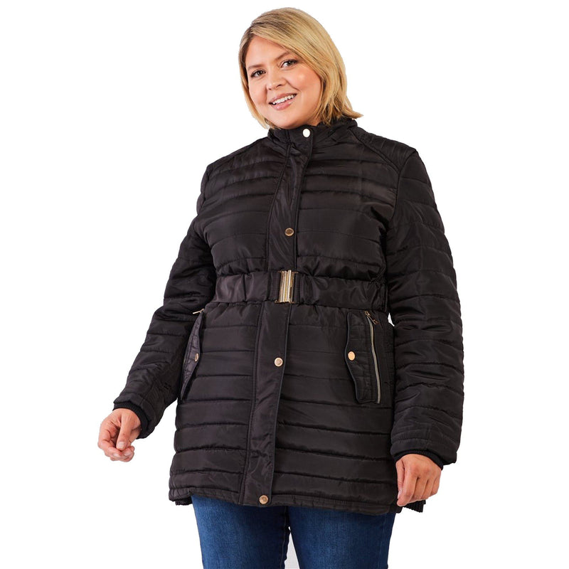 Plus Parallel Quilt Faux Fur Hood Belted Padded Long Puffer Jacket Women's Outerwear - DailySale